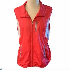 Danskin Now Coral & White Windbreaker Vest with Zip Pockets and Waist Ti…